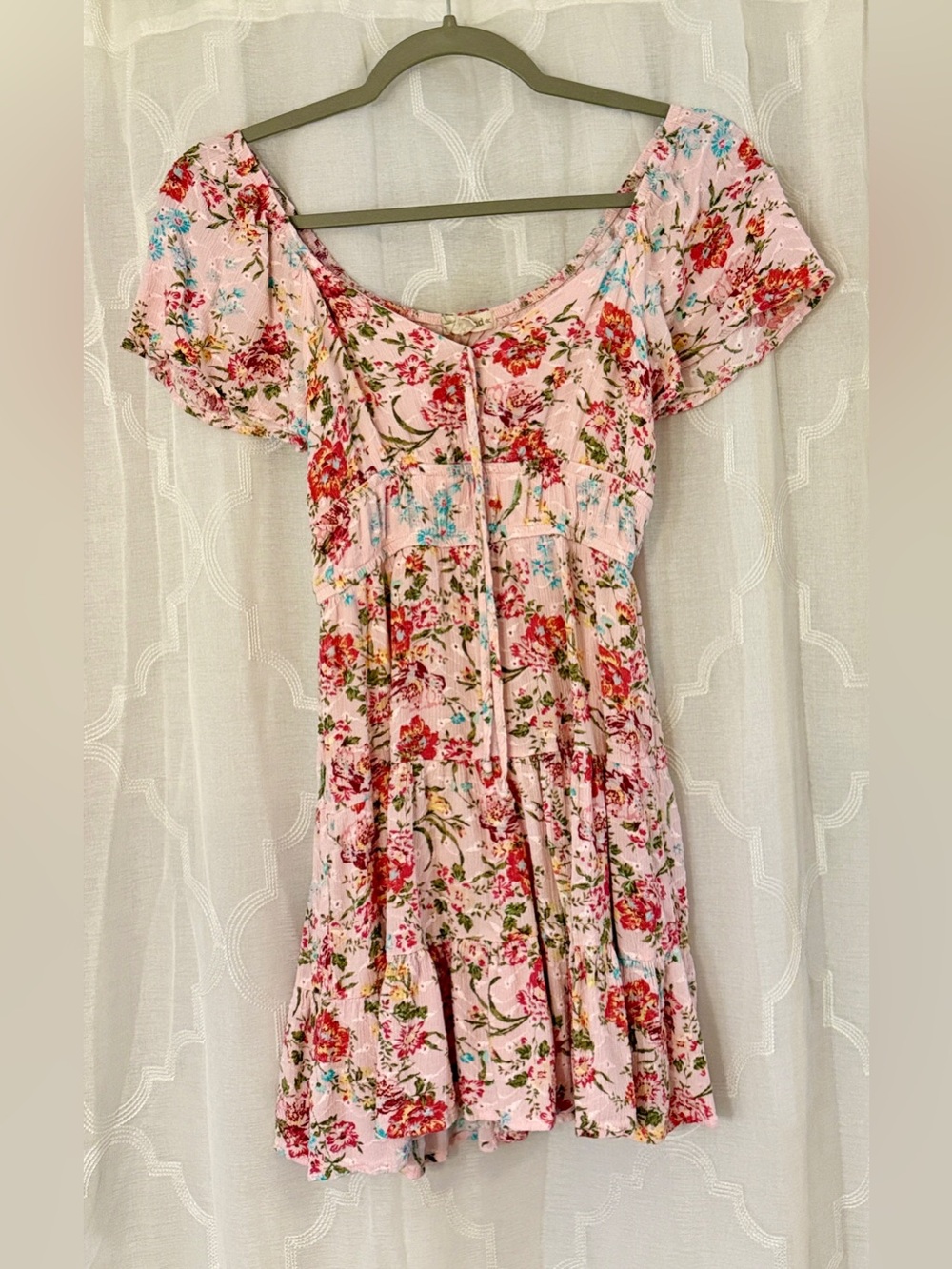 Rewind XS Pink Floral Puff Sleeve Smocked Mini Dress Cottagecore